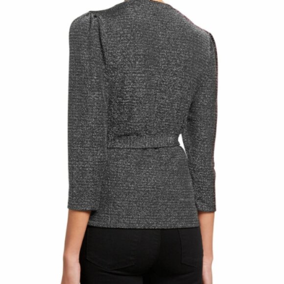 Paige Jasper Metallic 3/4-Sleeve Wrap Top/Blouse in Black with Silver Metallic - Picture 3 of 17